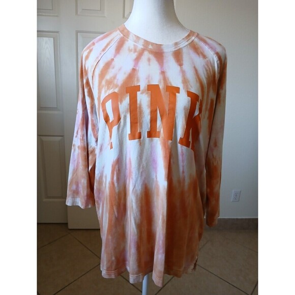 Victoria Secret "PINK" orange tie-dye t shirt 3/4 Sleeve Round Neck Medium Y2K - Picture 1 of 15